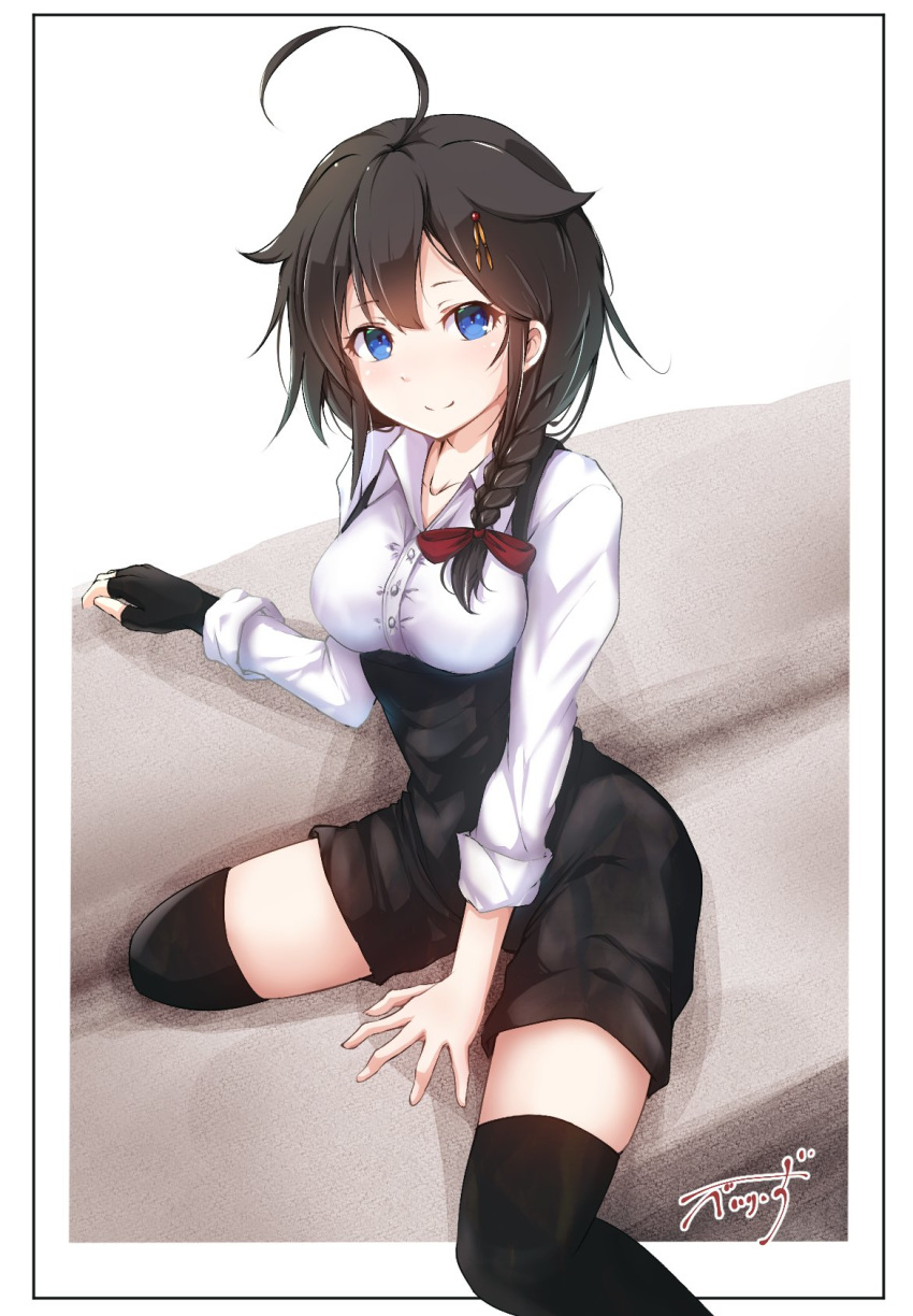 1girl ahoge baileys_(tranquillity650) black_gloves black_hair black_legwear black_shorts blue_eyes blush border braid couch fingerless_gloves foot_out_of_frame gloves hair_flaps hair_ornament hair_over_shoulder hair_ribbon high-waist_shorts highres kantai_collection long_hair looking_at_viewer outside_border remodel_(kantai_collection) ribbon shigure_(kantai_collection) shirt shorts signature single_braid single_fingerless_glove sitting sleeves_rolled_up smile solo suspenders thighhighs white_shirt