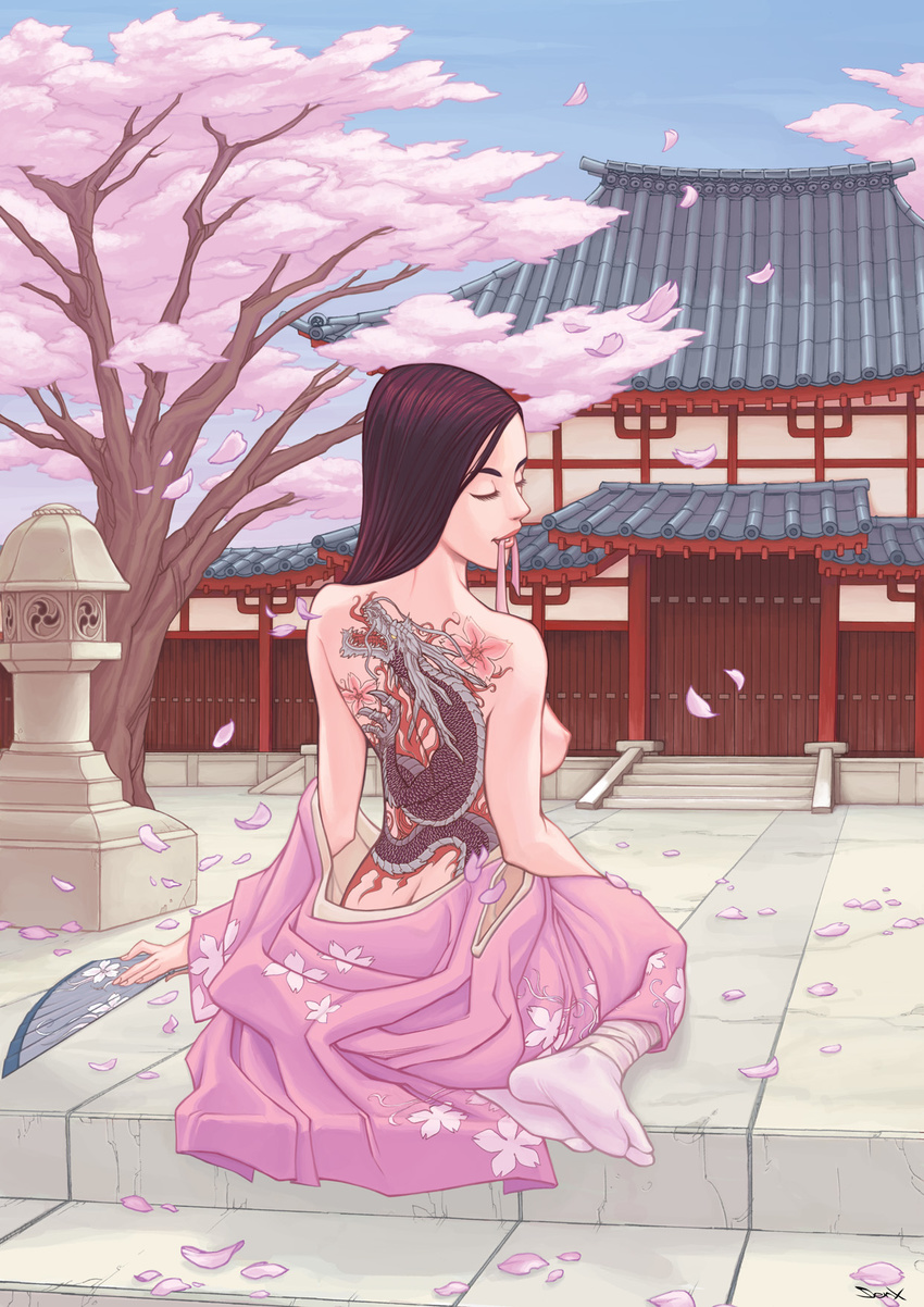 cherry_blossoms freideugoi geisha highres japanese_clothes kimono solo tattoo