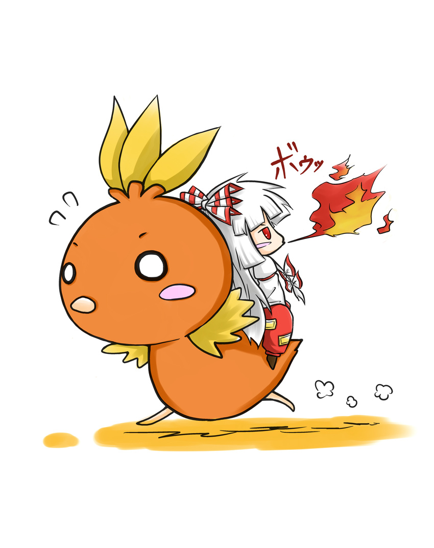 absurdres blush_stickers bow chibi fire fujiwara_no_mokou gen_3_pokemon hair_bow hair_ribbon highres long_hair pokemon pokemon_(creature) red_eyes ribbon silver_hair torchic touhou viva!!