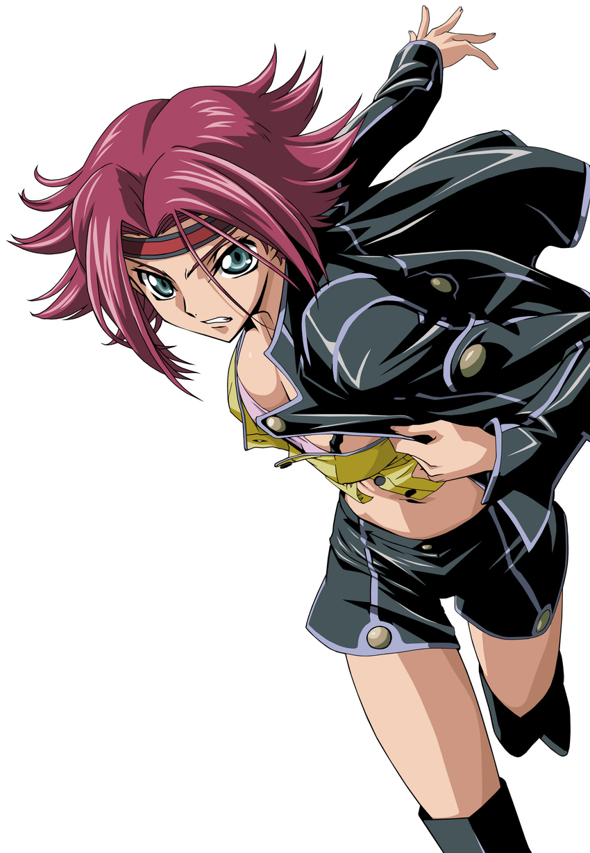 absurdres black_footwear black_jacket black_legwear black_shorts blue_eyes boots breasts cleavage code_geass highres jacket kallen_stadtfeld looking_at_viewer medium_breasts midriff navel open_clothes open_jacket order_of_the_black_knights_uniform red_hair short_hair shorts simple_background solo thigh_boots thighhighs vector_trace white_background