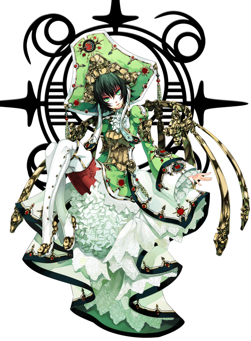 androgynous ascot black_hair boots brooch dress flat_chest frills green_eyes hat head_tilt headdress highres jewelry lace multicolored_hair nail_polish osamu_(jagabata) pink_nails seth_nightroad short_hair simple_background sitting smile solo thigh_boots thighhighs trinity_blood white_legwear