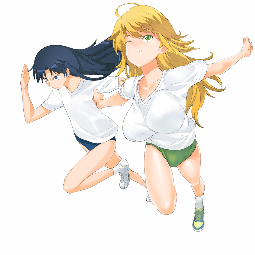 2girls a1 absurdres blonde_hair bloomers blue_eyes blue_hair bouncing_breasts breasts buruma feet flat_chest gym_uniform highres hoshii_miki idolmaster initial-g kisaragi_chihaya large_breasts legs long_hair looking_away multiple_girls running shoes simple_background sneakers socks sport sports standing the_idolm@ster thighs white_background wince