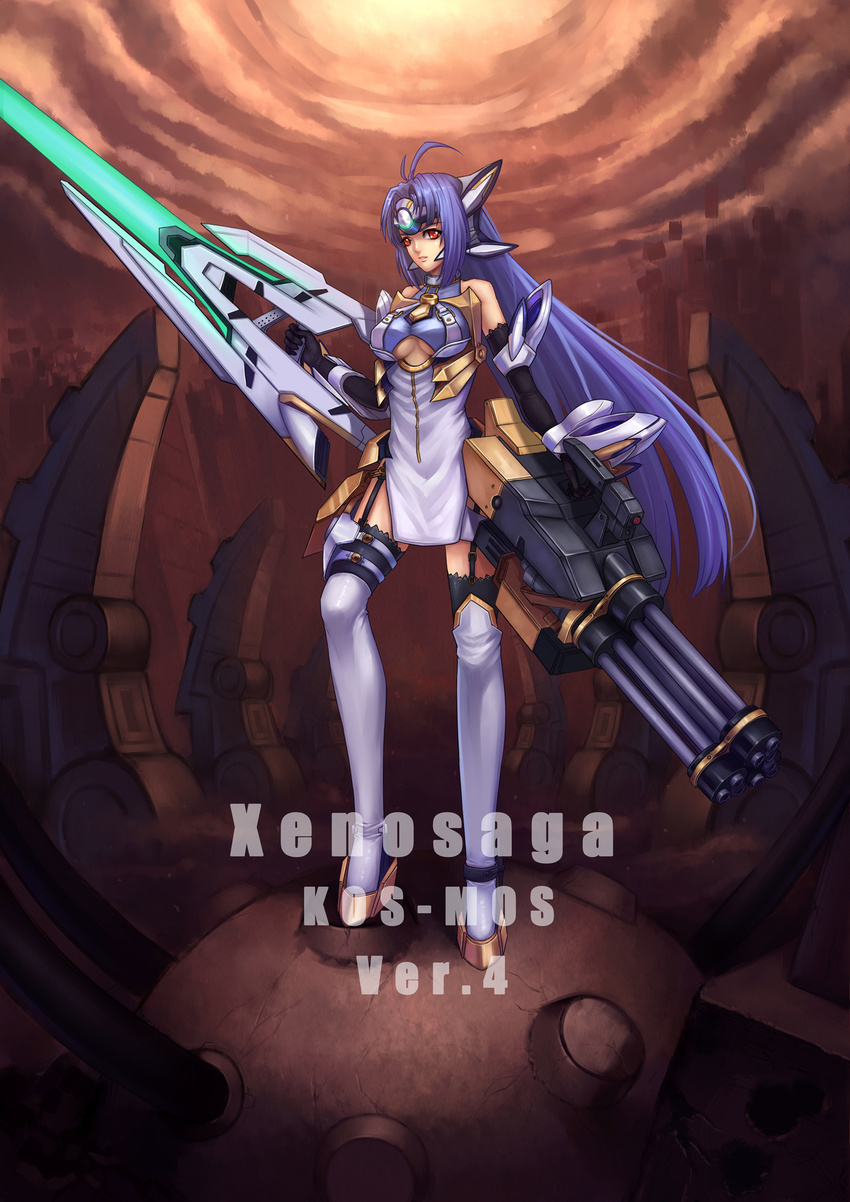 android blue_hair gatling_gun gun highres jun_(goodgun7) kos-mos kos-mos_ver._4 red_eyes solo thighhighs weapon xenosaga xenosaga_episode_iii