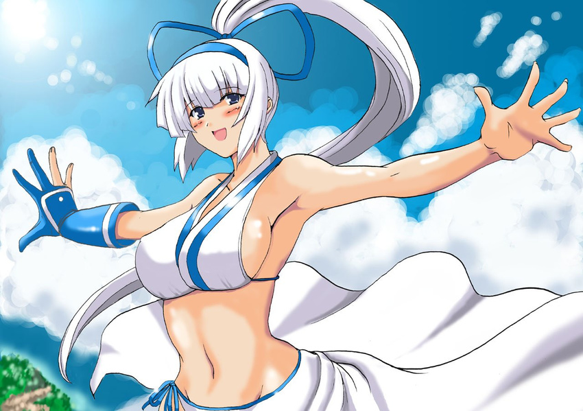 armpits blue_gloves blush breasts gloves huge_breasts long_hair majikina_mina navel open_mouth partly_fingerless_gloves ponytail samurai_spirits sideboob single_glove snk solo very_long_hair white_hair yasakani_an