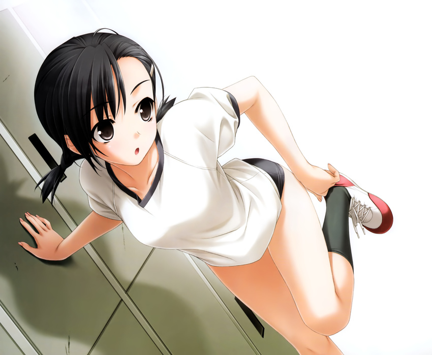 absurdres arm_support black_eyes black_hair black_legwear buruma dutch_angle gym_uniform haruka_na_sora hashimoto_takashi highres kneehighs kuranaga_kozue leaning looking_back open_mouth putting_on_shoes raglan_sleeves short_hair socks solo twintails yosuga_no_sora