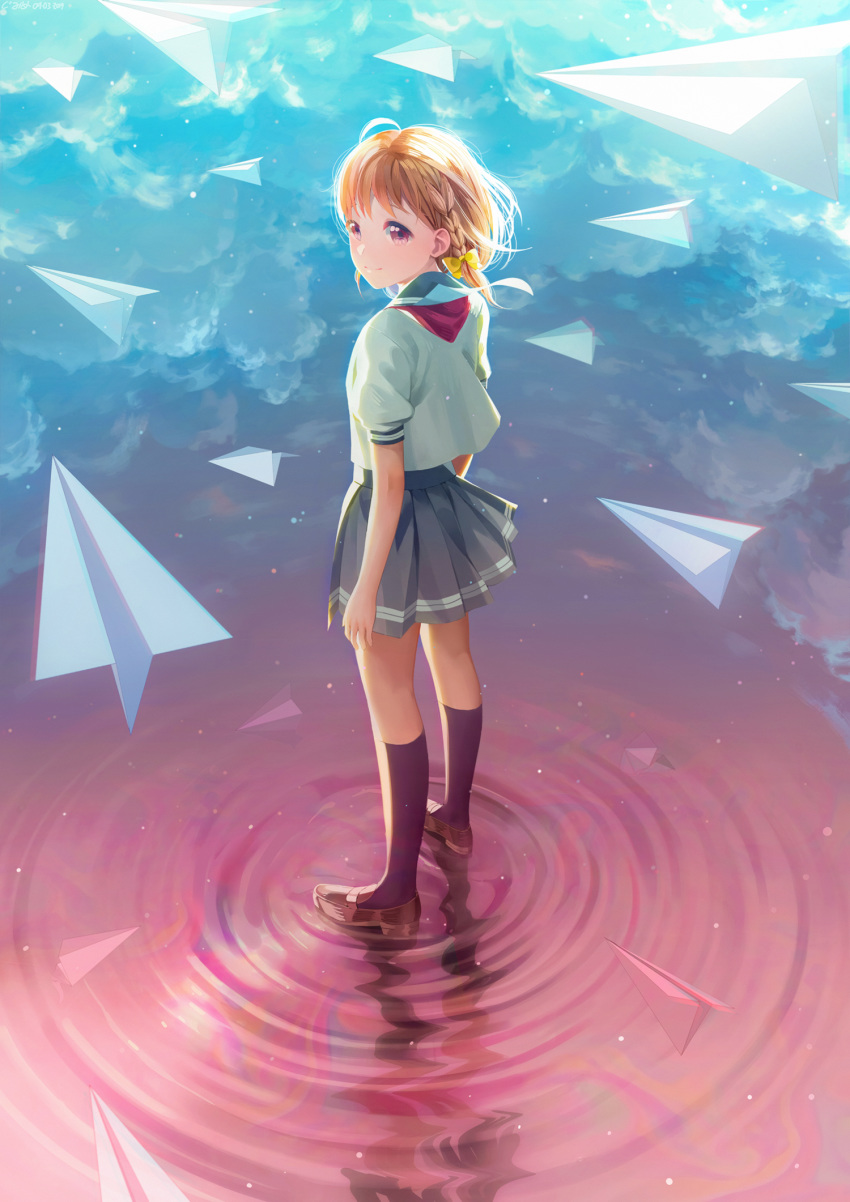 1girl bow cloud full_body hair_bow highres kneehighs looking_at_viewer looking_back love_live! love_live!_sunshine!! megumi_cv orange_hair paper paper_airplane pleated_skirt red_eyes reflecting_pool reflection ripples sailor_collar school_uniform skirt smile solo takami_chika water