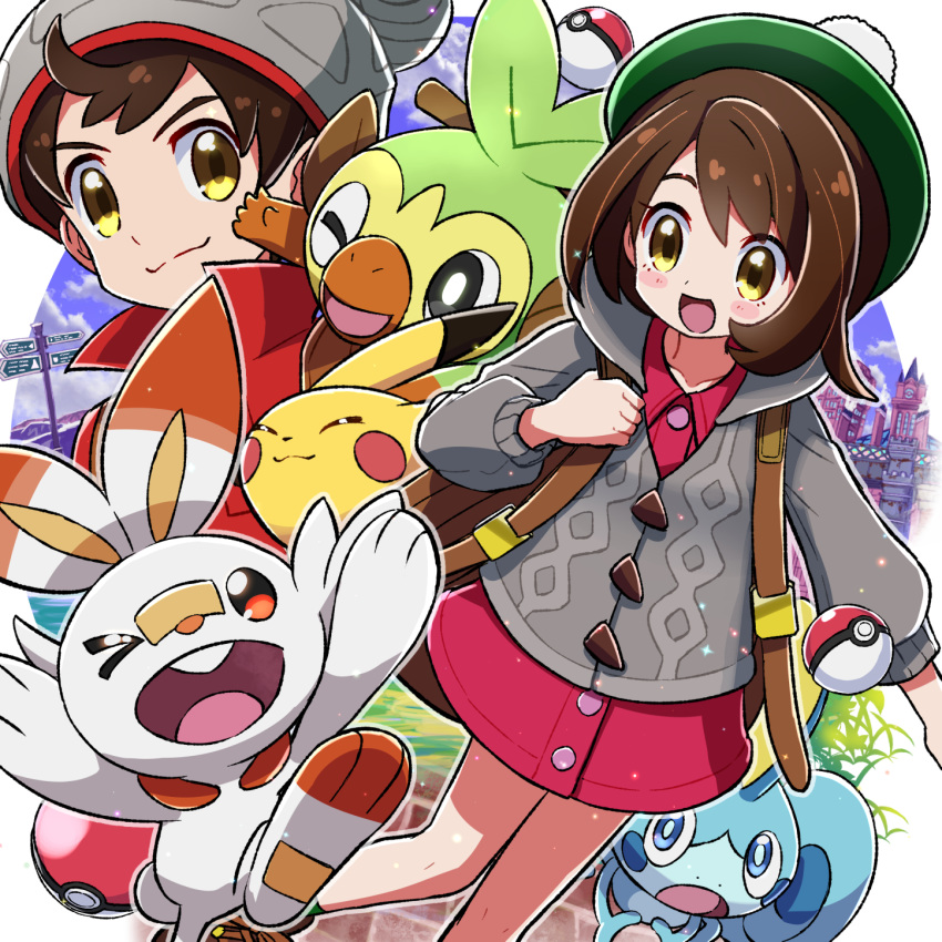 1boy 1girl backpack bag blush_stickers brown_hair commentary_request creatures_(company) eyes_closed female_protagonist_(pokemon_swsh) game_freak gen_1_pokemon gen_8_pokemon green_hat grey_cardigan grey_hat grookey hat highres hooded_cardigan kingin long_sleeves male_protagonist_(pokemon_swsh) nintendo one_eye_closed open_mouth pikachu pink_shirt poke_ball poke_ball_(generic) pokemon pokemon_(creature) pokemon_(game) pokemon_swsh red_shirt scorbunny shirt short_hair smile sobble tam_o'_shanter yellow_eyes