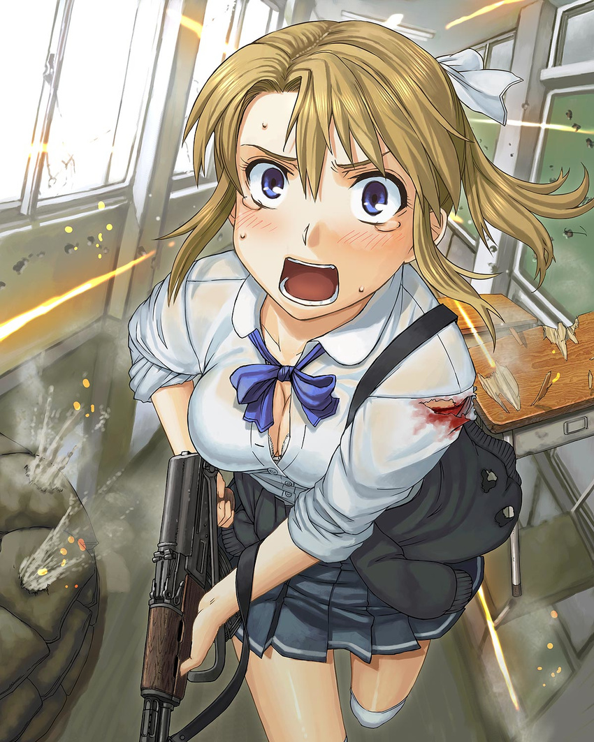 ak-47 akms assault_rifle blonde_girl_(itou) blood blue_eyes bow bowtie bra breasts brown_hair cleavage clothes_around_waist desk face foreshortening gun hallway highres injury itou_(onsoku_tassha) large_breasts lingerie miniskirt original pleated_skirt ponytail rifle running sandbag school school_desk school_uniform shirt skirt sleeves_rolled_up solo sweat sweater_around_waist tears torn_clothes under_fire underwear weapon white_bra white_shirt