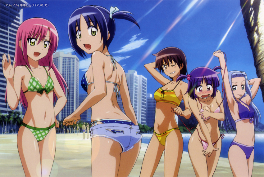 :p absurdres arms_up asakaze_risa ass assisted_exposure beach bikini bikini_under_clothes blue_eyes blue_hair blush breasts brown_eyes brown_hair cleavage cloud cutoffs day flat_chest green_eyes grin hair_bobbles hair_ornament hanabishi_miki hayate_no_gotoku! highres katsura_hinagiku large_breasts long_hair looking_back medium_breasts multiple_girls navel nishizawa_ayumu non-web_source ocean official_art one_eye_closed open_mouth outdoors pink_eyes pink_hair purple_hair ribbon-trimmed_bikini ribbon_trim segawa_izumi short_hair short_shorts short_twintails shorts side-tie_bikini sky smile swimsuit swimsuit_under_clothes tongue tongue_out twintails untied untied_bikini untying very_long_hair wardrobe_malfunction water yellow_eyes