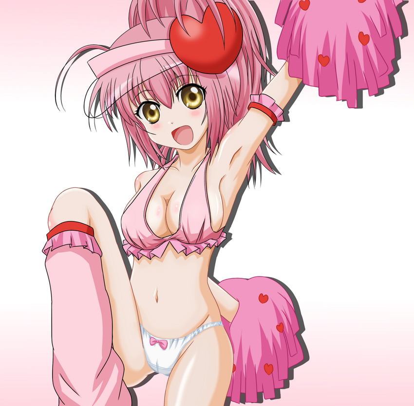 amulet_heart armpits blush boots breasts cheerleader cleavage crop_top highres hinamori_amu kneehighs large_breasts loose_socks magical_girl no_pants panties pink_footwear pink_hair pom_poms ponytail shugo_chara! socks solo takumi_(rozen_garten) underwear yellow_eyes