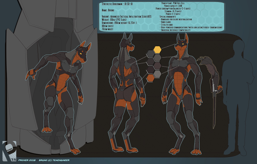 4_toes abs anthro black_skin blade brown_skin bruno_(proxer) canid canine canis cybernetics cyborg doberman domestic_dog english_text featureless_crotch machine male mammal model_sheet multiple_poses paws pecs pose proxer robot standing text toes weapon yellow_eyes yellow_sclera