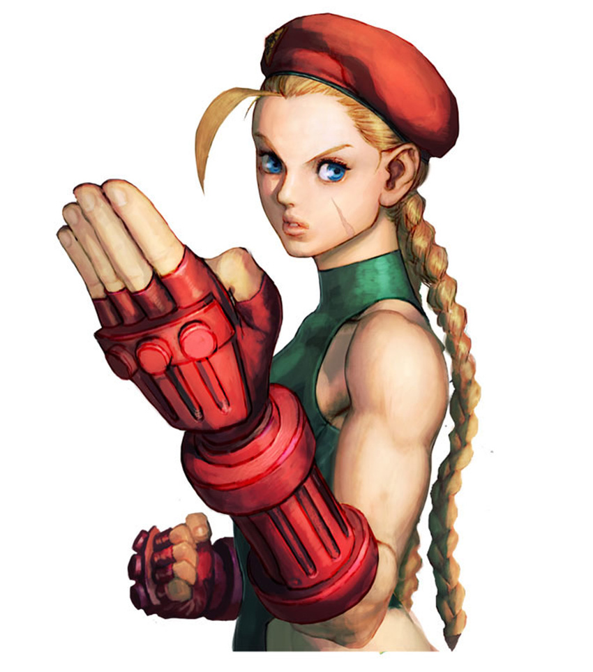 ahoge beret blonde_hair braid cammy_white fighting_stance fingerless_gloves gloves green_leotard hat highres huge_ahoge ikeno_daigo leotard long_hair muscle official_art scar street_fighter street_fighter_iv_(series) twin_braids