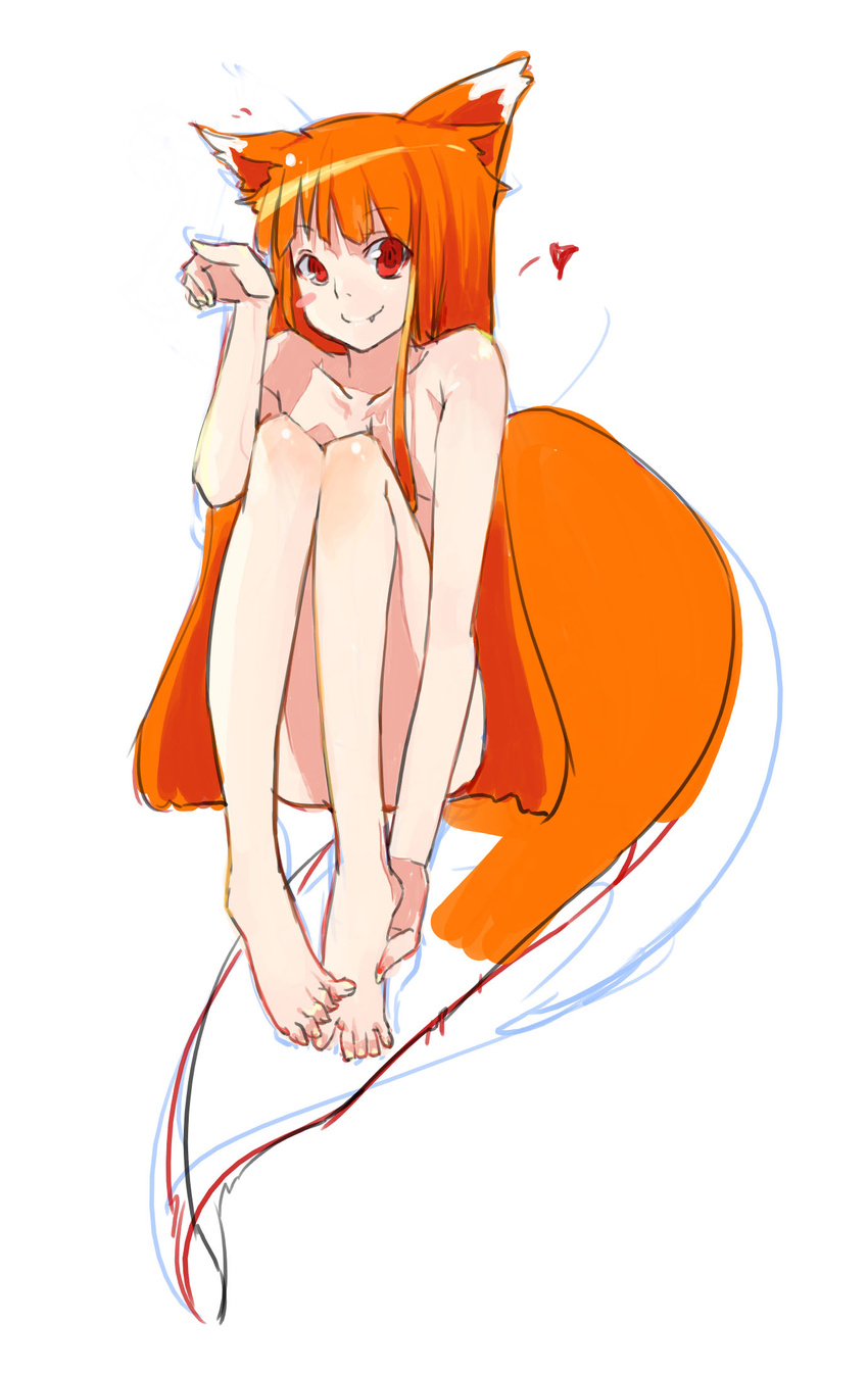 animal_ears bad_id bad_pixiv_id barefoot blush fang feet flelincw hands_on_feet highres holding_own_foot holo long_hair nude orange_hair red_eyes sitting sketch smile solo spice_and_wolf tail wolf_ears