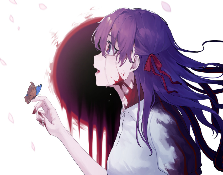 1girl blood blood_on_face bloody_clothes blush breasts bug butterfly collarbone crying dress eyebrows_visible_through_hair fate/stay_night fate_(series) hair_between_eyes hair_ribbon hakisou heaven's_feel highres insect long_hair matou_sakura medium_breasts purple_eyes purple_hair red_ribbon ribbon solo upper_body white_dress
