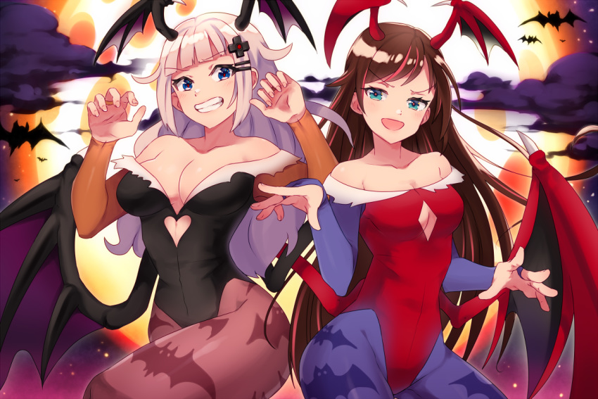 &gt;:d 2girls :d a.i._channel animal_print bangs bare_shoulders bat bat_print bat_wings black_leotard blue_eyes blunt_bangs breasts bridal_gauntlets brown_hair brown_legwear center_opening claw_pose cleavage cloud collarbone cosplay cutout d-pad d-pad_hair_ornament eyebrows_visible_through_hair full_moon grin hair_ornament halloween head_wings heart_cutout highleg highleg_leotard kaguya_luna kizuna_ai large_breasts leotard lilith_aensland lilith_aensland_(cosplay) long_hair looking_at_viewer low_wings medium_breasts moon morrigan_aensland morrigan_aensland_(cosplay) multicolored_hair multiple_girls night numbers_(boars) open_mouth pantyhose pink_hair purple_legwear red_leotard red_pupils silver_hair sky smile smug spikes streaked_hair the_moon_studio v-shaped_eyebrows vampire_(game) very_long_hair virtual_youtuber wings