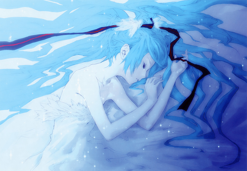 absurdres bare_arms bare_shoulders blue_hair closed_eyes collarbone dress eyelashes feathers flat_chest hair_feathers hair_ribbon hatsune_miku highres last_night_good_night_(vocaloid) light_particles long_hair lying on_side open_hand palms parted_lips redjuice ribbon scan sleeping solo strapless strapless_dress tears underwear very_long_hair vocaloid white_dress