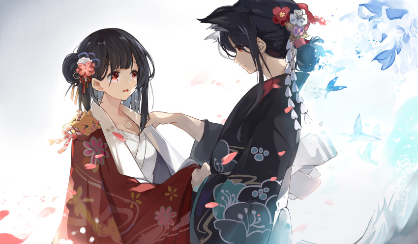 2girls animal animal_ears animal_on_shoulder bangs black_hair black_kimono blush board_game chinese_zodiac commentary crying crying_with_eyes_open dog_ears english_commentary eyebrows_visible_through_hair floral_print flower hair_bun hair_flower hair_ornament japanese_clothes kimono long_hair long_sleeves mitu_yang multiple_girls open_clothes open_kimono original parted_lips petals pink_flower print_kimono red_eyes red_flower red_kimono side_bun tears white_flower wide_sleeves year_of_the_pig