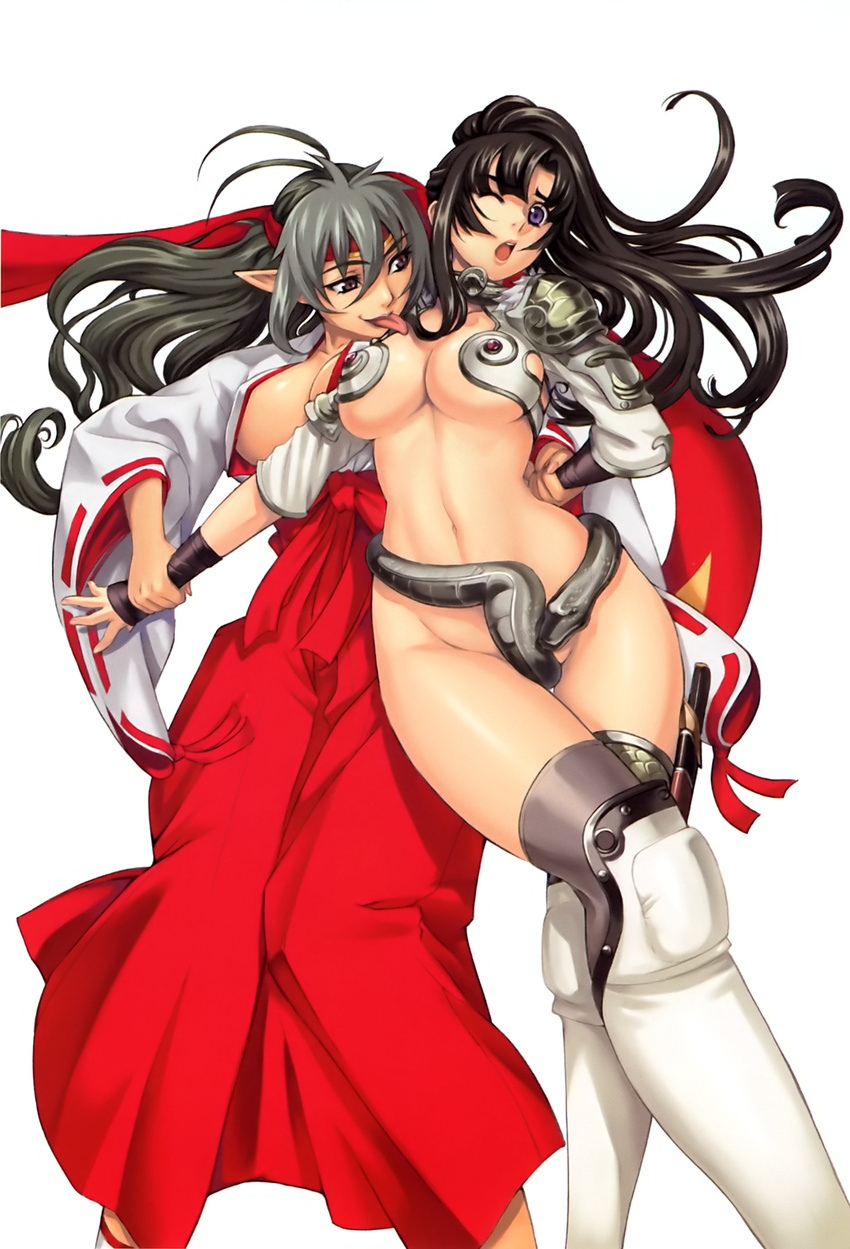 absurdres armor bikini_armor black_hair breasts cleavage cosplay costume_switch curvy echidna echidna_(cosplay) eiwa headband highres japanese_clothes large_breasts long_hair miko multiple_girls pointy_ears purple_eyes queen's_blade revealing_clothes sword thighhighs tomoe tomoe_(cosplay) underboob weapon wide_hips yuri