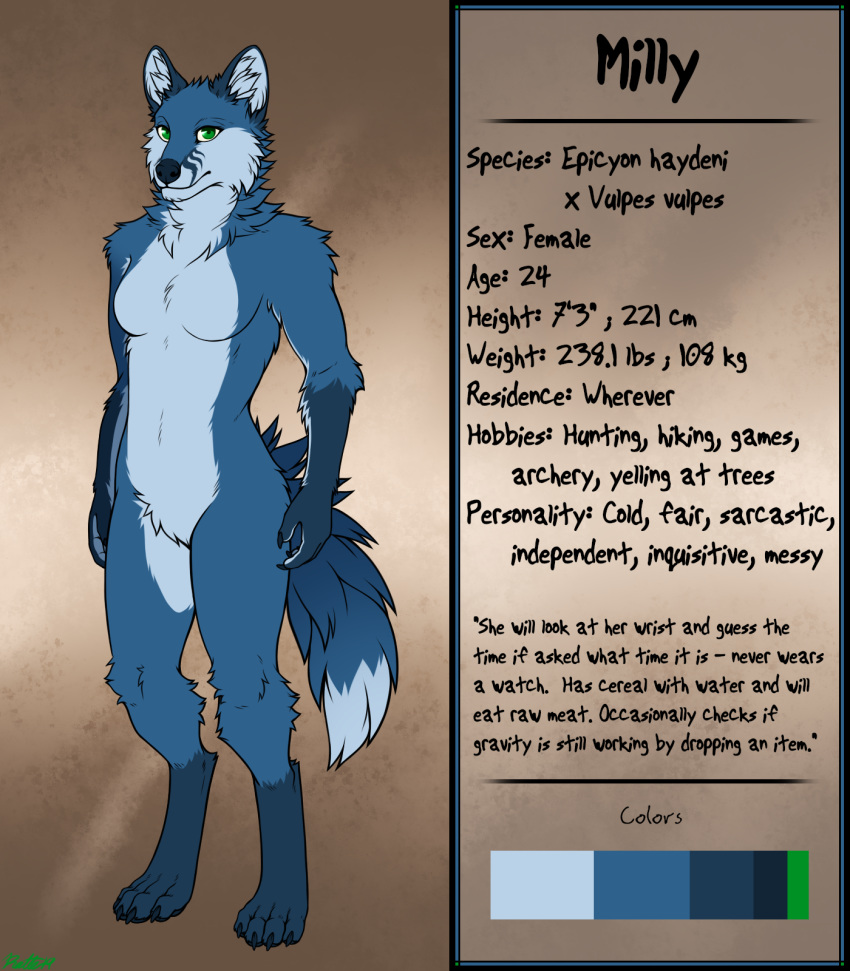 2019 4_toes anthro blue_fur blue_nose borophagine breasts canid canine conditional_dnp digital_media_(artwork) digitigrade english_text epicyon female fox fur green_eyes hybrid inner_ear_fluff mammal milly_(millcore) model_sheet nude ratte solo standing text toes