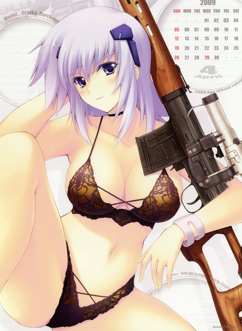 2009 april black_bra black_panties blush bra bracelet breasts calendar_(medium) choker cleavage cryska_barchenowa dragunov_svd gun hair_ornament hairclip highres jewelry lace lace_panties large_breasts lavender_hair lingerie miyata_sou muvluv muvluv_alternative muvluv_total_eclipse panties purple_eyes purple_hair rifle short_hair sitting sniper_rifle solo spread_legs underwear underwear_only weapon