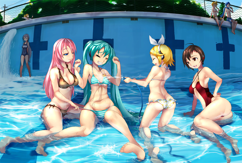 6+girls ahoge akita_neru aqua_hair ass bad_feet barefoot bikini bow empty_pool fisheye frills front-tie_top hatsune_miku hose imazon kagamine_len kagamine_rin kaito legs long_hair megurine_luka meiko multiple_boys multiple_girls navel one-piece_swimsuit pink_hair polka_dot polka_dot_bikini polka_dot_swimsuit pool project_diva project_diva_(series) school_swimsuit short_hair sitting smile string_bikini striped striped_bikini striped_swimsuit swimsuit swimwear_(module) very_long_hair vocaloid voyakiloid water yowane_haku