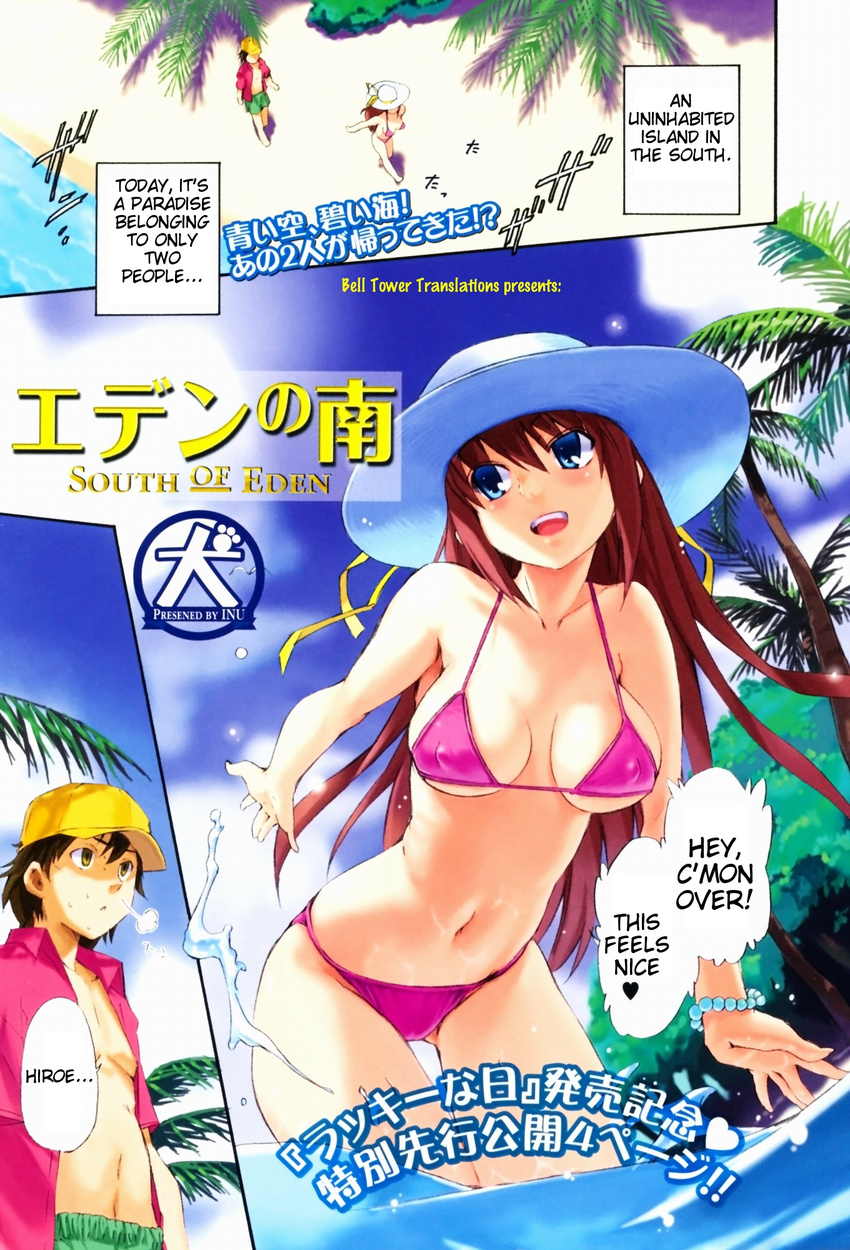 1girl bikini blue_eyes blush breasts brown_eyes brown_hair covered_nipples hard_translated hat highres inu large_breasts navel open_mouth red_hair sky swimsuit translated tree water