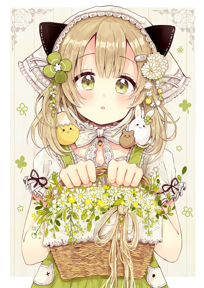 1girl :o absurdres animal animal_ears animal_on_shoulder bangs basket bird blonde_hair blush bouquet bow bowtie bunny cat_ears chick clover_hair_ornament commentary_request dress flower four-leaf_clover_hair_ornament frilled_shirt_collar frilled_sleeves frills green_eyes hair_flower hair_ornament hairclip hamster head_scarf highres holding holding_basket lace_trim looking_at_viewer original revision sakura_oriko upper_body white_bow