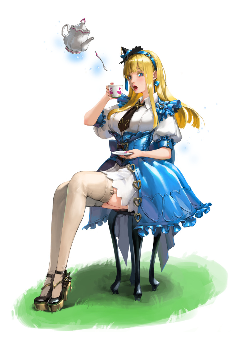 1girl absurdres alice_(wonderland) alice_in_wonderland beige_legwear blonde_hair blue_eyes blue_hairband blue_skirt breasts corset cup dress eyelashes floating floating_object frilled_dress frills full_body garter_straps hairband hat heart high_heels highres huge_bow large_breasts legs_together lipstick looking_at_viewer makeup medium_hair mini_hat mini_witch_hat nail_polish necktie nose open_mouth puffy_short_sleeves puffy_sleeves saucer short_sleeves showgirl_skirt sitting skirt solo spoon symbol-shaped_pupils teacup teapot thighhighs white_background white_dress witch_hat wooju_ku