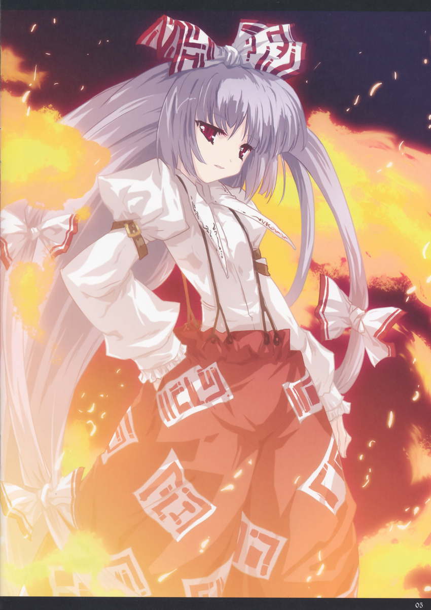 absurdres bow fire fujiwara_no_mokou hair_bow hair_ribbon highres huge_filesize long_hair red_eyes ribbon silver_hair solo suspenders tokiame touhou