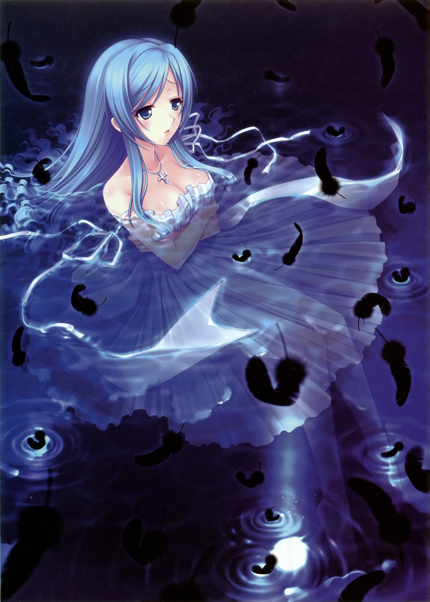 absurdres blue_hair breasts cleavage cross dress feathers highres jewelry large_breasts long_hair necklace original sayori solo water wet