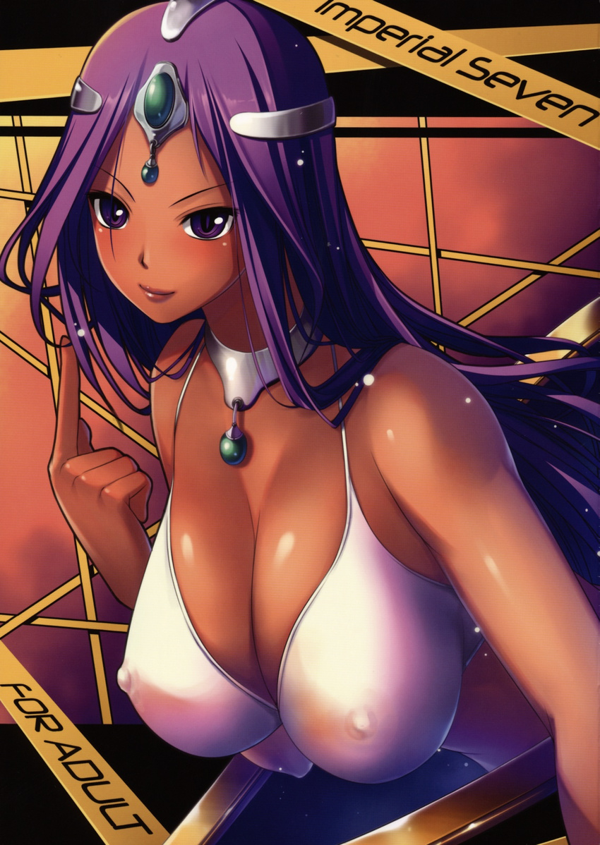 bikini_top breasts circlet covered_nipples dark_skin dragon_quest dragon_quest_iv highres huge_breasts kongeraatio long_hair manya nipples purple_eyes purple_hair slit_pupils solo