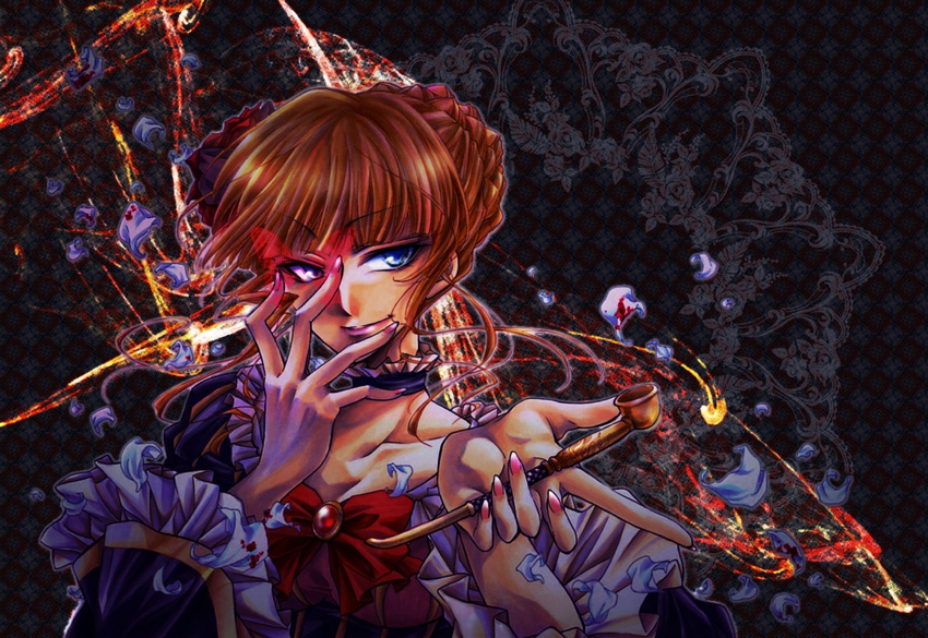 beatrice blonde_hair blood blue_eyes bug butterfly choker frills hair_ornament insect kaze_tsuyu_tsuchi_ryuu kiseru petals pipe ribbon smile smirk solo umineko_no_naku_koro_ni