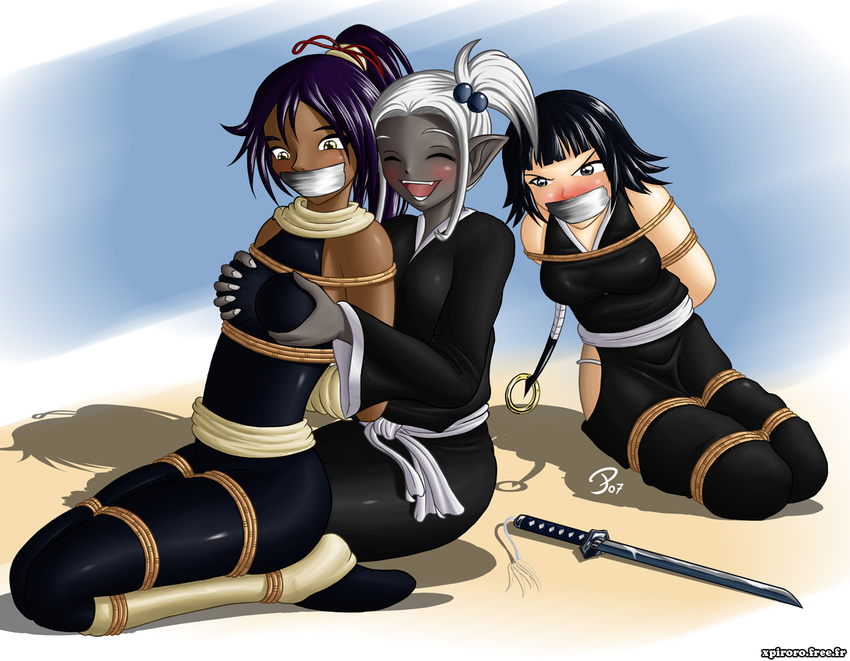 bdsm bleach bondage dark_elf dark_skin drow elf lua_zdycheva luatza piroro shihouin_yoruichi soifon sword tapegag