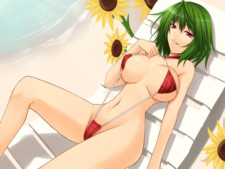 beach bikini breasts breasts_apart chair curvy day flower green_hair kazami_yuuka large_breasts lounge_chair navel outdoors reclining red_eyes short_hair shuugetsu_karasu smile solo string_bikini sunflower swimsuit touhou water wide_hips