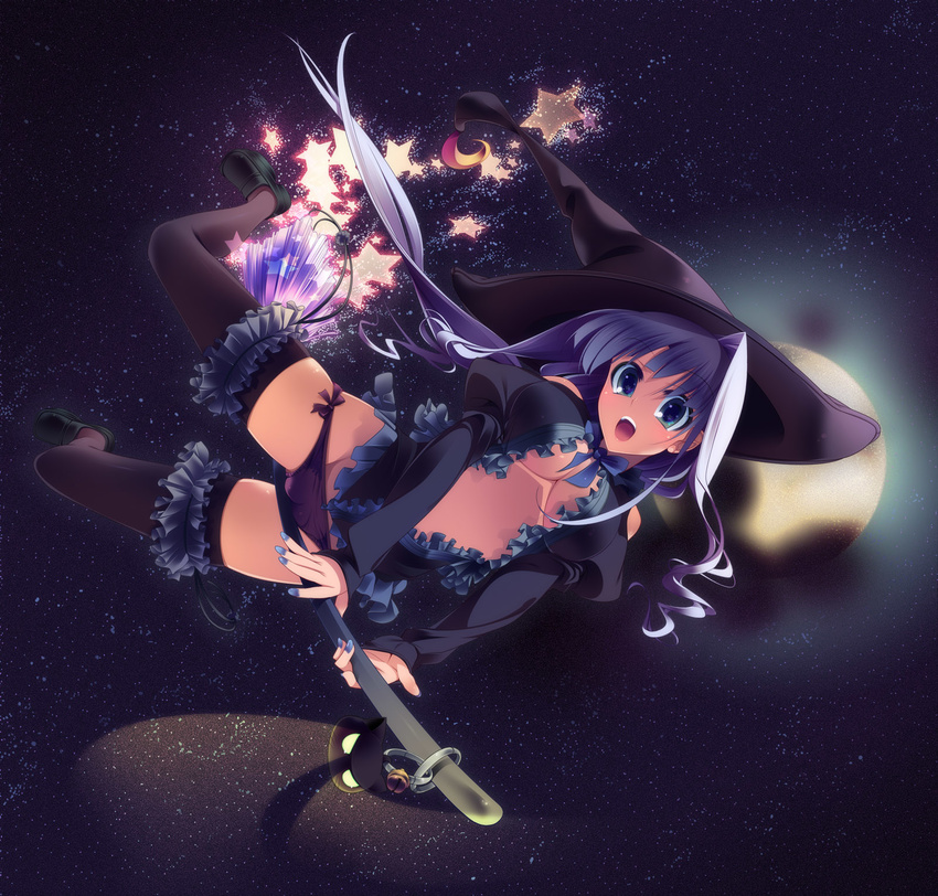 1girl bell between_thighs blue_eyes blue_nails breasts broom broom_riding cameltoe cat center_opening cleavage crotch_rub dragonmaterial fat_mons frills glowing glowing_eyes hat highres legs long_hair medium_breasts moon nail_polish open_mouth original panties purple_hair purple_panties shoes side-tie_panties sideways solo star thighhighs underboob underwear witch witch_hat