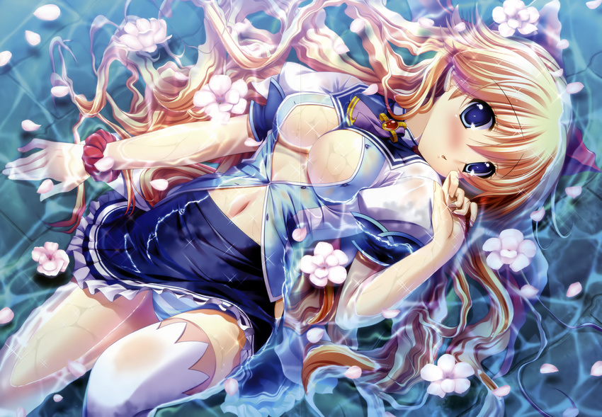 absurdres blonde_hair blue_eyes blush breasts cleavage fiorelia_inbrulia fixme flower highres large_breasts long_hair mercuria mitsumomo_mamu navel open_clothes open_shirt panties partially_submerged shiny shiny_skin shirt solo striped striped_panties thighhighs underwear water wet wet_clothes