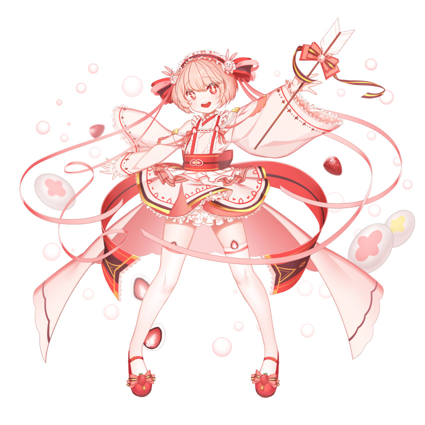 1girl absurdres arrow bangs bow bunny_hair_ornament dress eyebrows_visible_through_hair food food_fantasy frills fruit full_body hair_bow hair_ornament hair_ribbon hand_up highres ichigo_daifuku ichigo_daifuku_(food_fantasy) long_sleeves open_mouth pink_hair red_bow red_eyes red_footwear ribbon shoes simple_background sleeves_past_wrists smile solo standing strawberry symbol-shaped_pupils thighhighs wagashi white_background white_dress white_legwear wide_sleeves zelato