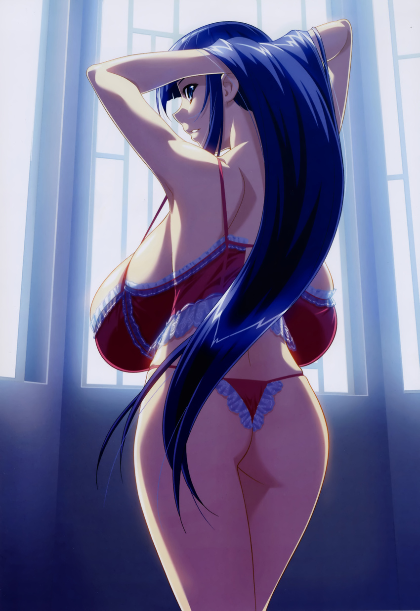 absurdres adjusting_hair arms_behind_head ass babydoll back backboob backlighting blue_eyes blue_hair bra breasts flat_ass from_behind fuutou_shizune gigantic_breasts hanging_breasts highres ino lace lace-trimmed_bra lace-trimmed_panties lingerie long_hair looking_back non-web_source oshioki_sweetie panties profile sagging_breasts skindentation slender_waist solo thong underwear underwear_only window