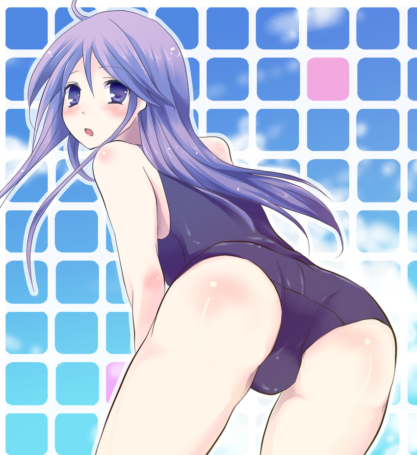 ass bad_id bad_pixiv_id bent_over blush bulge crossdressing from_behind gucchiann happiness! highres long_hair looking_back male_focus one-piece_swimsuit otoko_no_ko purple_eyes purple_hair school_swimsuit solo swimsuit watarase_jun