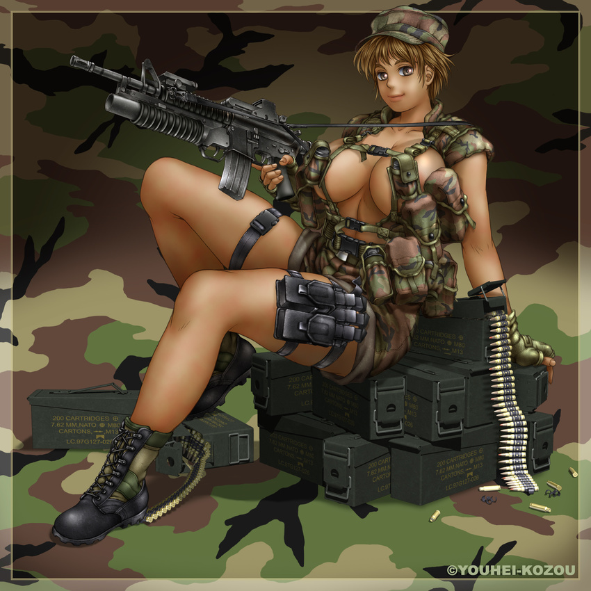 1girl absurdres ammo_box ammunition ammunition_box areolae artist_name assault_rifle barely_covered_breasts blonde_hair boots border breasts breasts_outside brown_eyes bullet bullets camo camouflage camouflage_background curvy fatigues fingerless_gloves gloves grenade_launcher gun highres huge_breasts large_areolae large_breasts leg_strap leg_straps load_bearing_equipment looking_at_viewer m-16 m-203 machine_gun metal_ammo_boxes military military_vest nipples phaia puffy_nipples rifle short_hair smile solo spunky_knight topless trigger_discipline vest weapon youhei_kozou