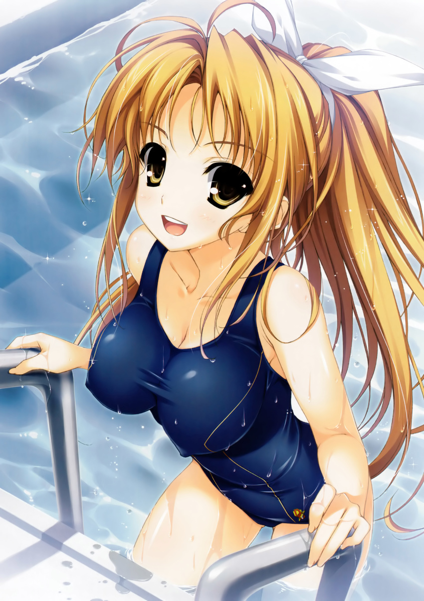 :d absurdres bare_shoulders blonde_hair bow breasts cleavage collarbone competition_swimsuit copyright_request covered_nipples hair_bow highres large_breasts long_hair non-web_source one-piece_swimsuit open_mouth ponytail pool pool_ladder ribbon smile solo swimsuit water wet yellow_eyes yuuki_hagure