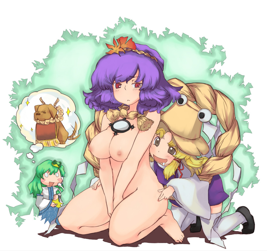 barefoot blonde_hair breasts detached_sleeves dog eyes frog green_hair hair_ornament hat kochiya_sanae leaf_hair_ornament medium_breasts moriya_suwako multiple_girls nipples noko351 nude purple_hair red_eyes rope short_hair snake thighhighs touhou yasaka_kanako yellow_eyes