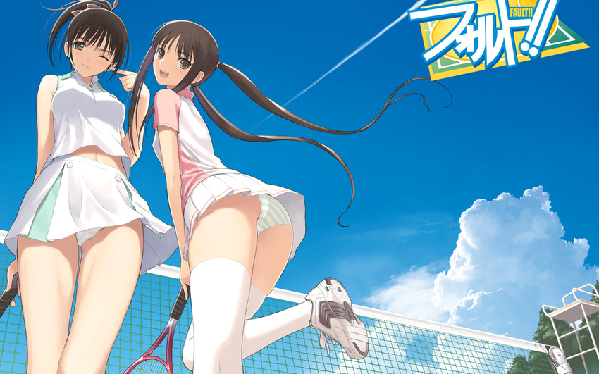 brown_hair fault!! panties pantyshot ponytail racket ribbon saeki_ai sky sportswear striped striped_panties sugiyama_mio taka_tony tanaka_takayuki tennis_racket tennis_uniform thighhighs twintails underwear