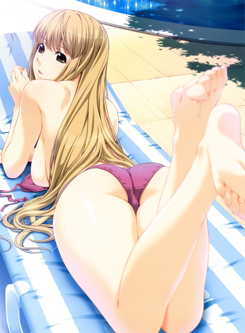 absurdres arm_support ass barefoot bikini bikini_top_removed blurry breasts brown_eyes chair curvy depth_of_field feet from_above from_behind highres ino kimihagu large_breasts legs legs_up light_brown_hair long_hair looking_back lounge_chair lying on_stomach parted_lips pool poolside pov_feet red_bikini sakurano_miren sideboob soles solo striped swimsuit the_pose toes topless tree_shade untied wide_hips