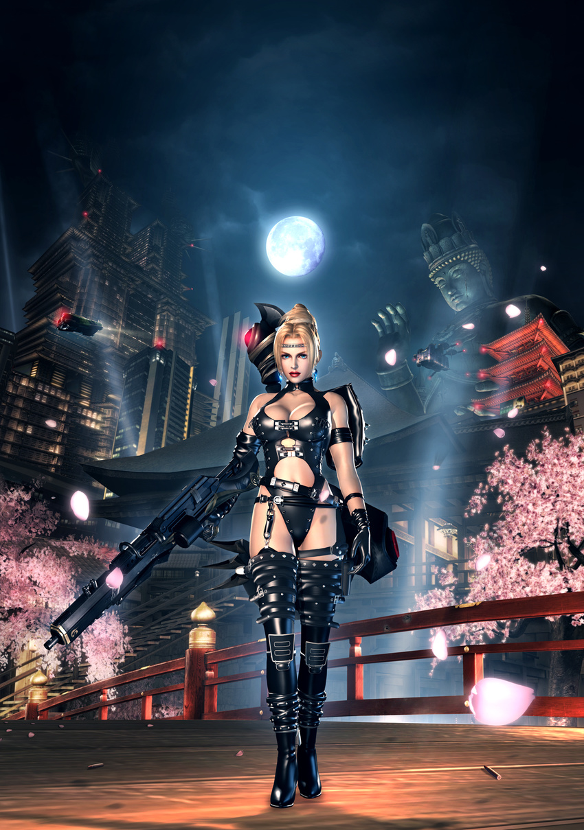 3d blonde_hair blue_eyes breasts bridge cherry_blossoms circlet city gloves gun high_heels highres large_breasts leather moon ninja_gaiden ninja_gaiden_sigma_2 official_art rachel_(ninja_gaiden) shoes solo statue thighhighs warhammer weapon