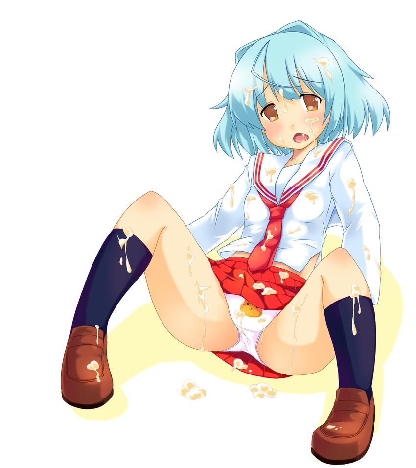 absurdres animal_print bad_id bad_pixiv_id blue_hair brown_eyes cat_panties cat_print dirty front-print_panties highres itou_ayachi miniskirt morishita_koyomi panties pantyshot print_panties school_uniform serafuku skirt solo spread_legs suggestive_fluid underwear upskirt white_panties yoku_wakaru_gendai_mahou