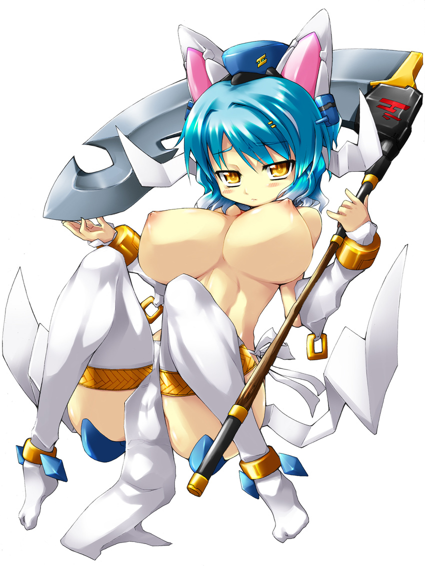 animal_ears bad_id bad_pixiv_id blue_hair breasts cat_ears highres huge_breasts nipples original scythe solo thighhighs topless wazuka_na_shiawase yellow_eyes