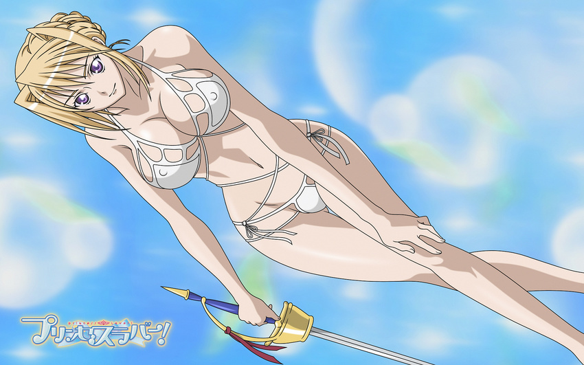 artist_request bangs bikini blonde_hair blue_background breasts cleavage copyright_name covered_nipples crossed_legs dutch_angle groin hair_bun hair_intakes hair_up hand_on_thigh highres holding large_breasts light_particles light_smile looking_at_viewer navel official_art princess_lover purple_eyes saber_(weapon) side-tie_bikini sidelocks silvia_van_hossen smile solo standing swimsuit sword wallpaper weapon white_bikini wide_hips widescreen