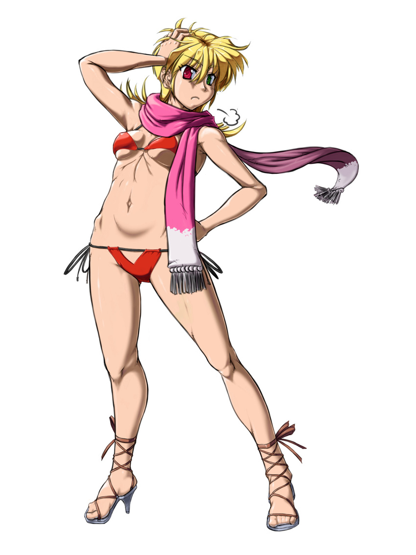 ankle_lace-up bikini blonde_hair breasts cross-laced_footwear feet heterochromia highres katina_tarask lace-up_heels legs long_hair medium_breasts sandals sangekimaru scarf side-tie_bikini solo string_bikini super_robot_wars super_robot_wars_original_generation swimsuit underboob undersized_clothes