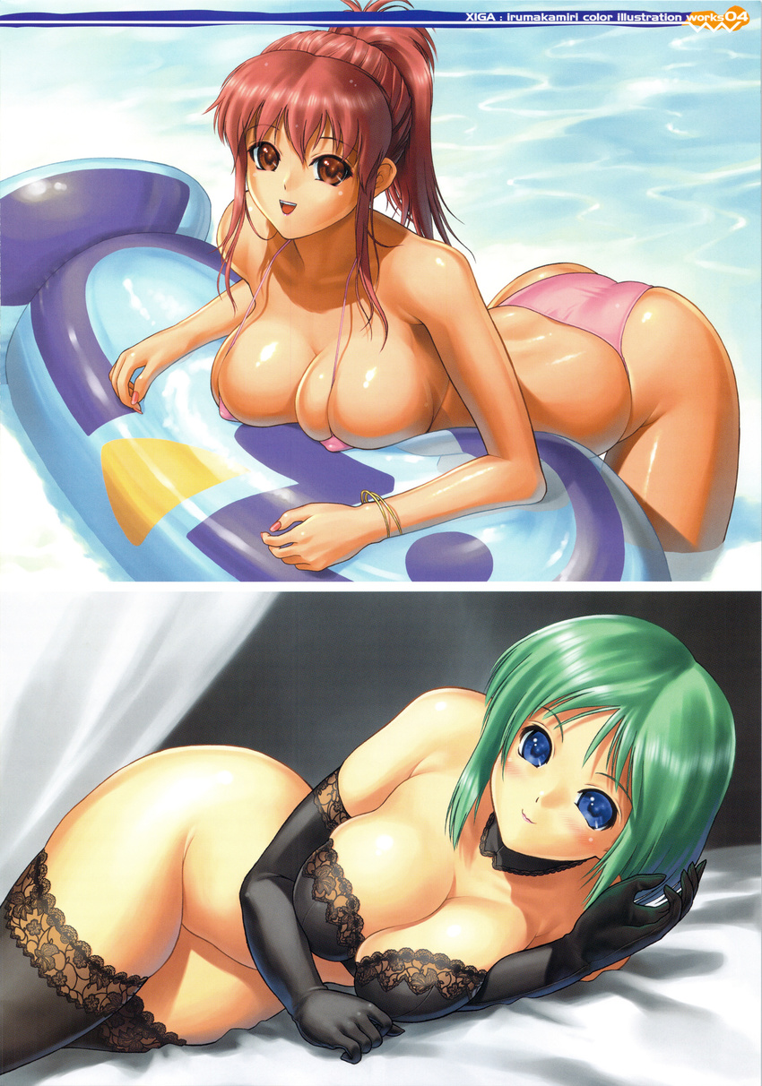 bikini blue_eyes bra bracelet breasts brown_eyes curvy elbow_gloves gloves green_hair highres iruma_kamiri jewelry lace large_breasts lingerie lips long_hair multiple_girls nail_polish open_mouth original panties pink_nails ponytail red_hair short_hair skindentation smile string_bikini swimsuit thighhighs underwear underwear_only water